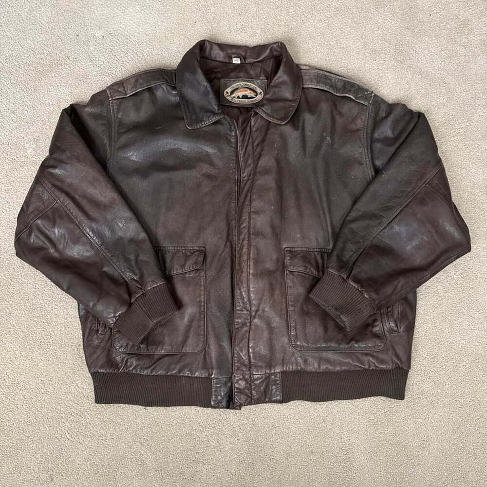 Orvis Leather Bomber Jacket XXL Brown Fly Fishing Schools